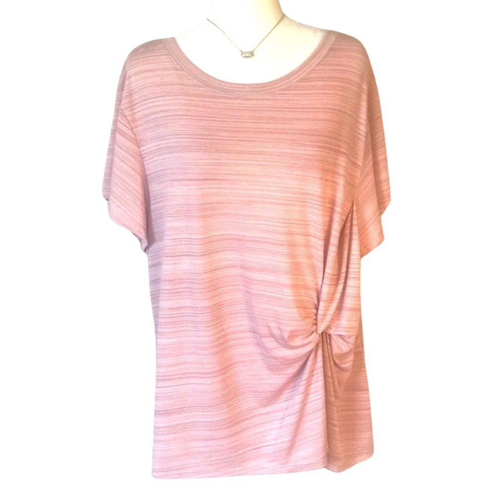 BOUTIQUE ITEM- CURVY PINK TOP, SHORT SLEEVES, SIDE KNOT, SUBTLE STRIPES,